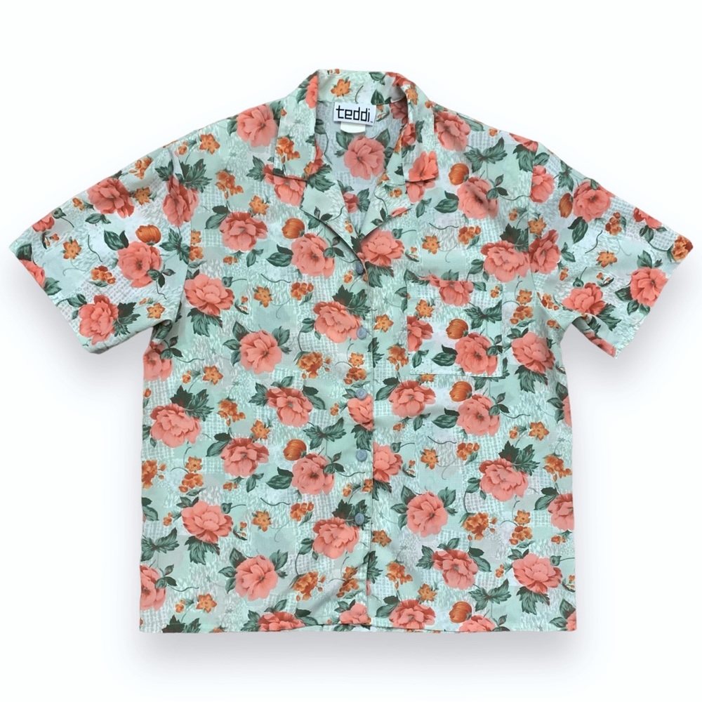 Vintage 1990s Boho Floral Print Short Sleeve Button Down Blouse Top